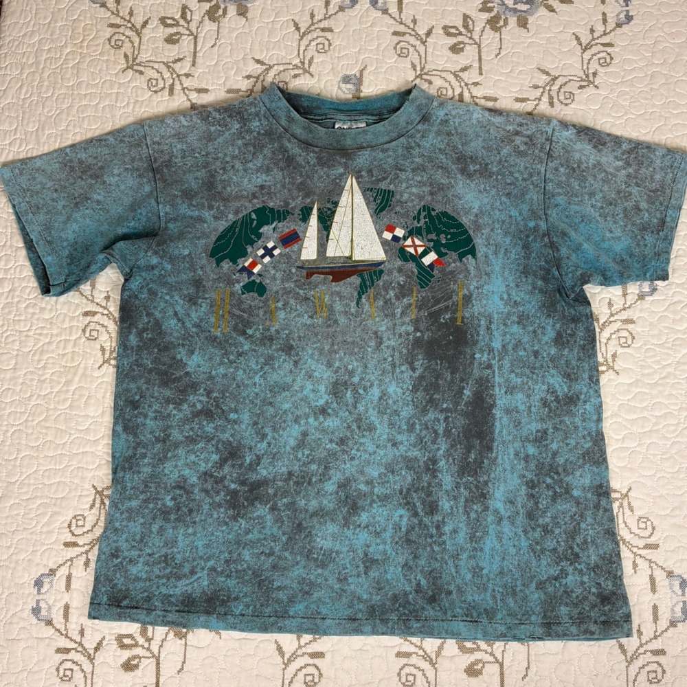 Oneita T-Shirt Mens Large Blue Single Stitch Vintage Hawaii Acid Wash Sailboat